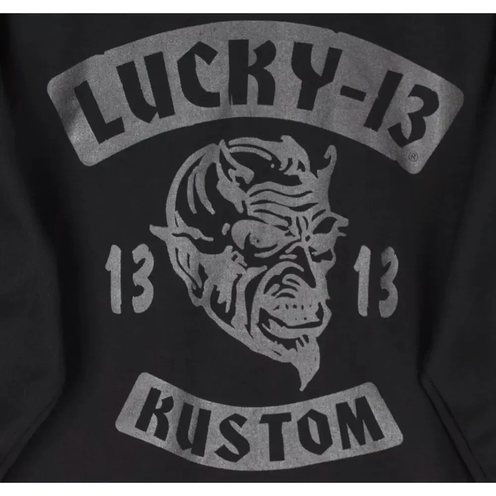 Vintage Lucky 13 Shirt Jacket Black Graphics Print Back USA Made Devil Kustom